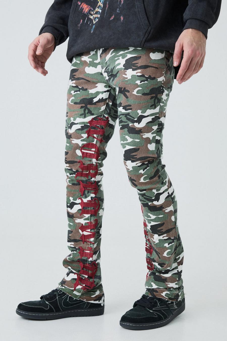 Khaki Stacked Camo Geborduurde Stretch Skinny Jeans Met Gusset Detail