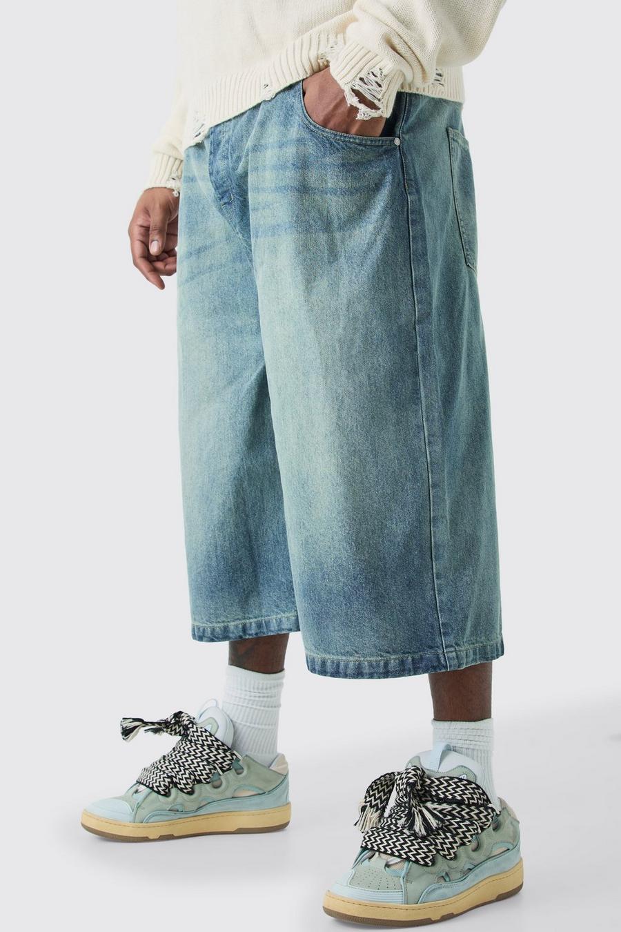 Pantaloni tuta Plus Size lunghi in denim in lavaggio blu antico, Antique blue