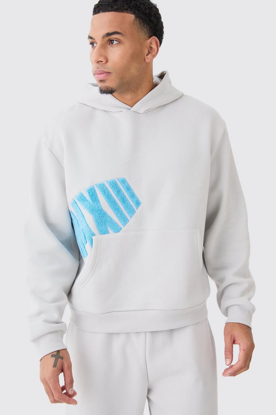 Light grey Oversized Boxy Borg Applique Hoodie