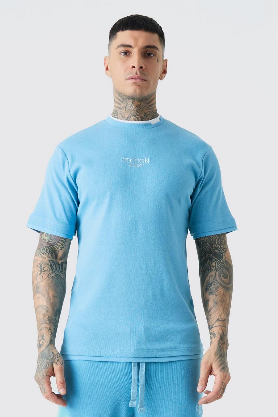 Camiseta Tall de canalé gruesa con capa falsa y estampado EDITION, Blue