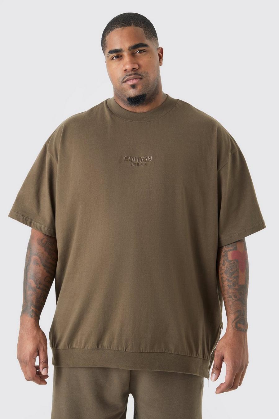Camiseta Plus oversize gruesa con cremallera en el bajo y estampado EDITION, Chocolate