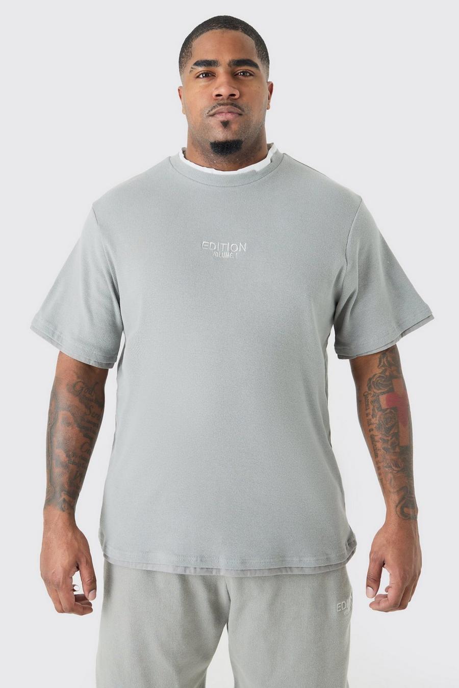 T-shirt Plus Size pesante a coste con finto doppio livello, Grey