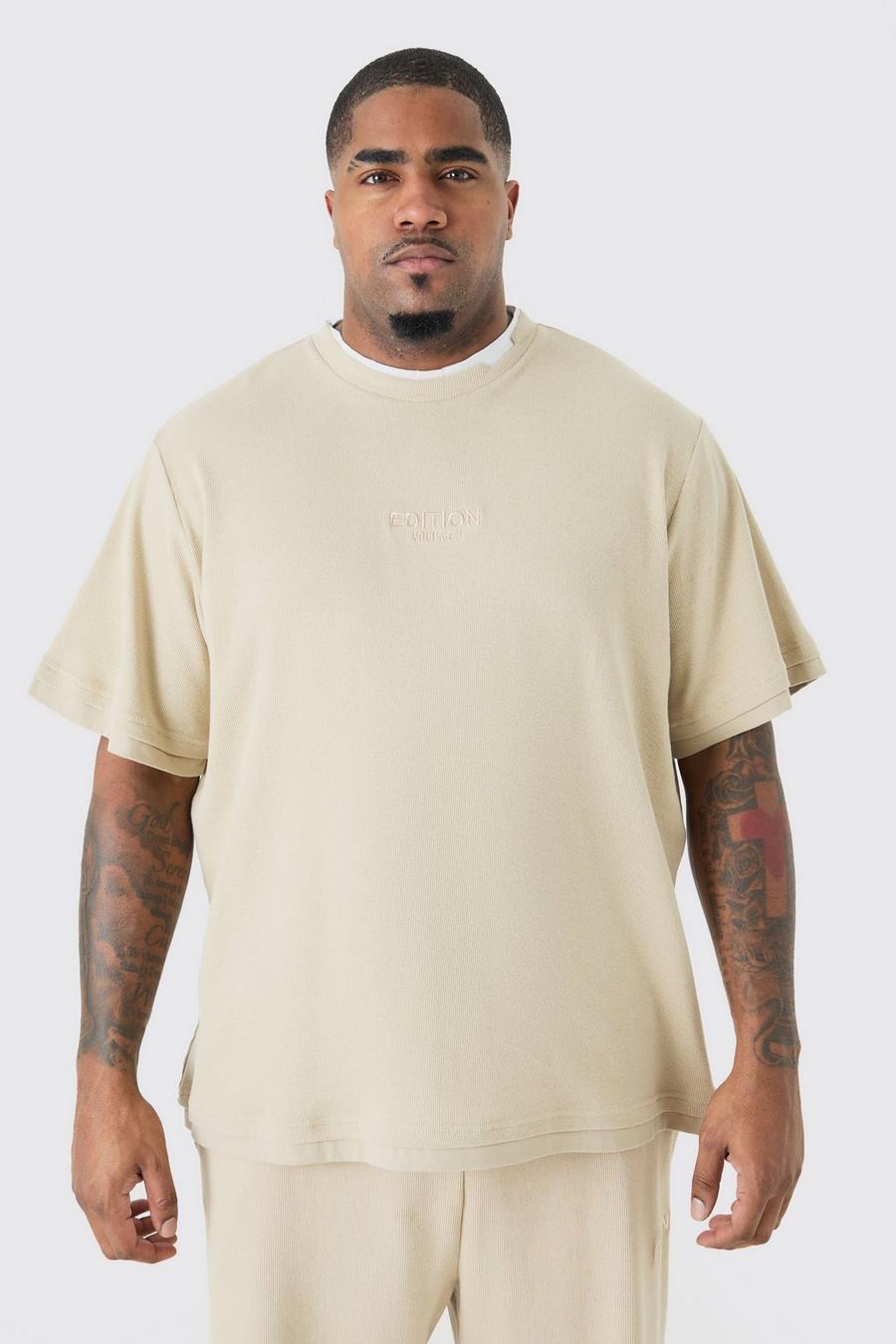 T-shirt Plus Size pesante a coste con finto doppio livello, Stone