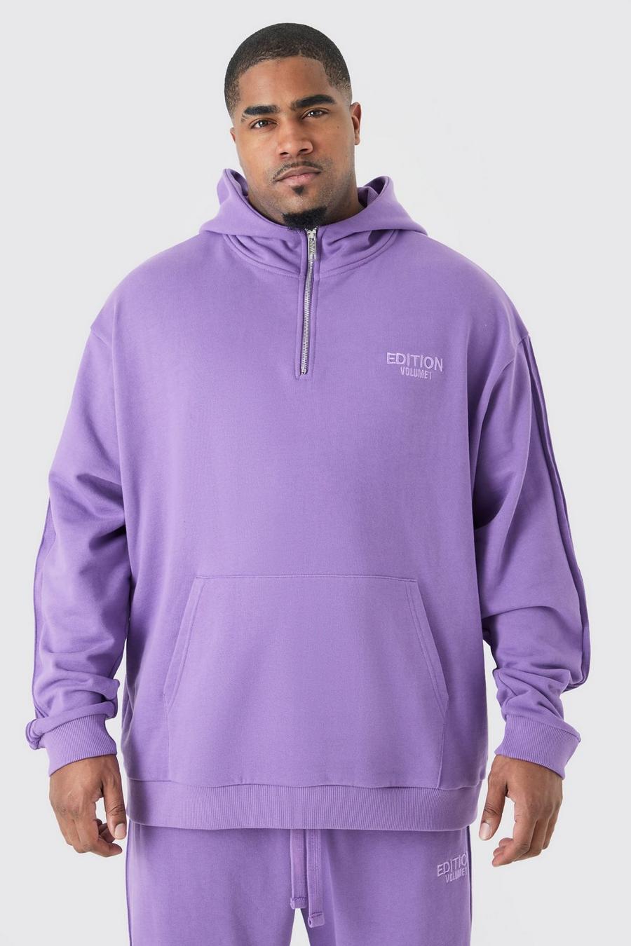Felpa Plus Size oversize pesante con nervature, zip corta e cappuccio, Purple