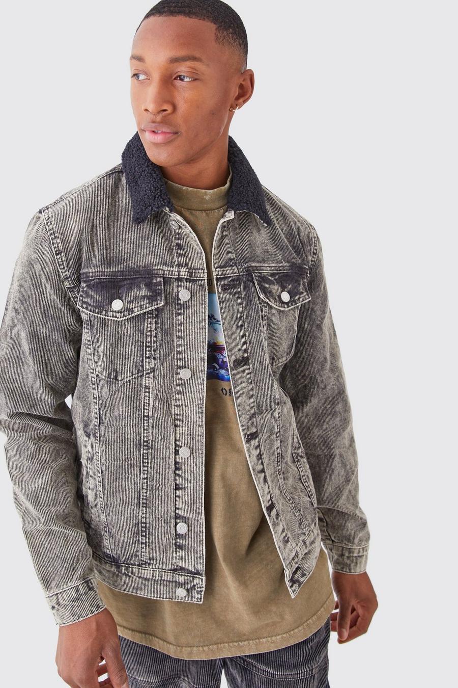 Acid Wash Cord Jacket With Borg Collar In Charcoal image number 1
