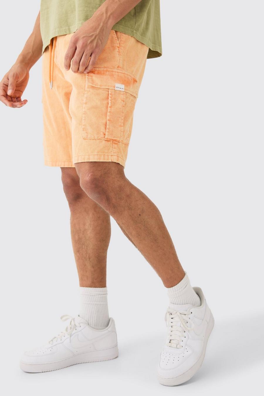 Orange Baggy Acid Wash Gebleekte Corduroy Cargo Shorts Met Elastische Taille In Oranje