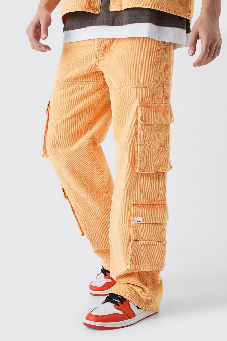 Baggy Multi Pocket Acid Wash Cord Trouser In Orange