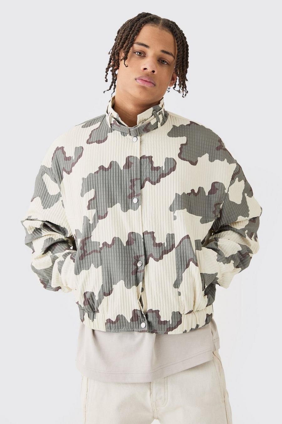 Beige Micro Quilted Camo Strap Detail Bomber image number 1