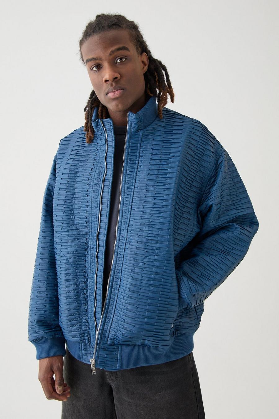 Giacca Bomber oversize in PU con pieghe, Blue image number 1