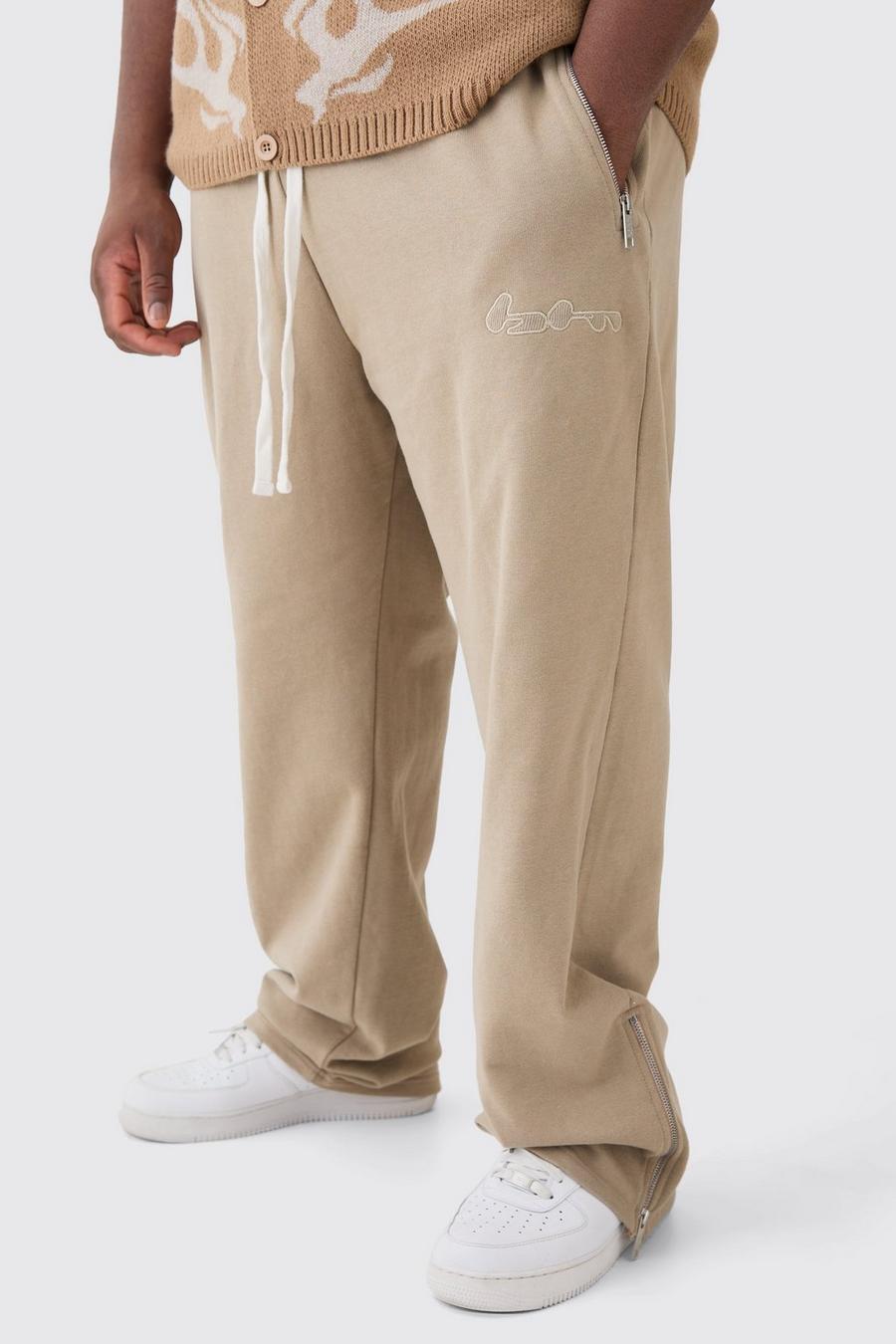 Plus gerippte Oversize Jogginghose mit Applikation und Reißverschluss, Pale grey