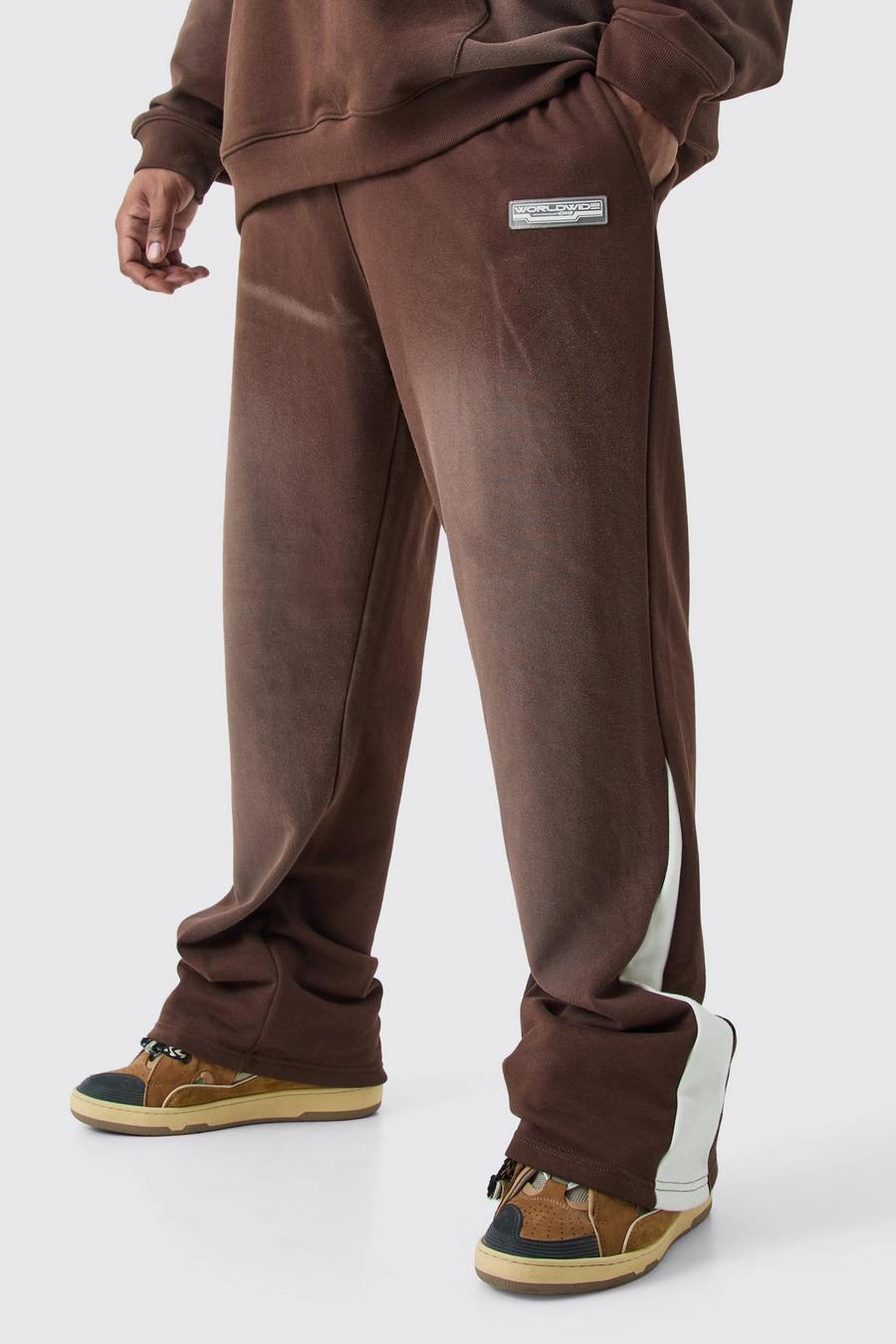 Pantalón deportivo Plus Regular de tela rizo desteñida con refuerzos, Chocolate
