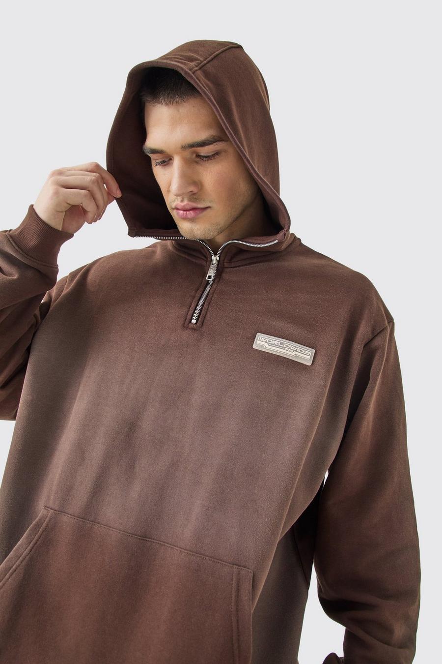 Chocolate Tall Oversized 1/4 Zip Washed Loopback Hoodie