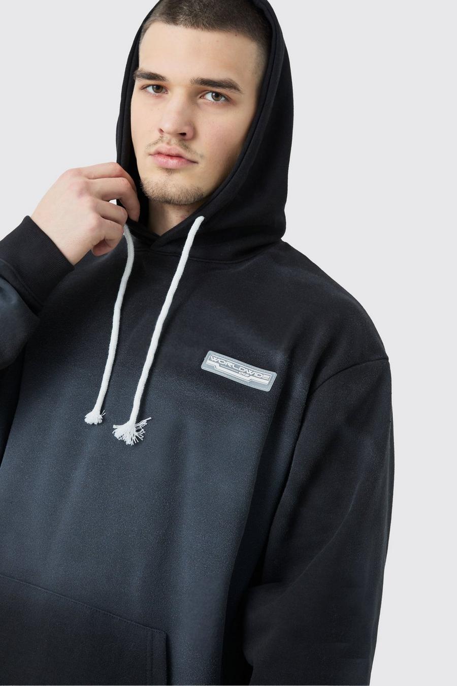 Black Tall Oversized Washed Loopback Rubber Badge Hoodie