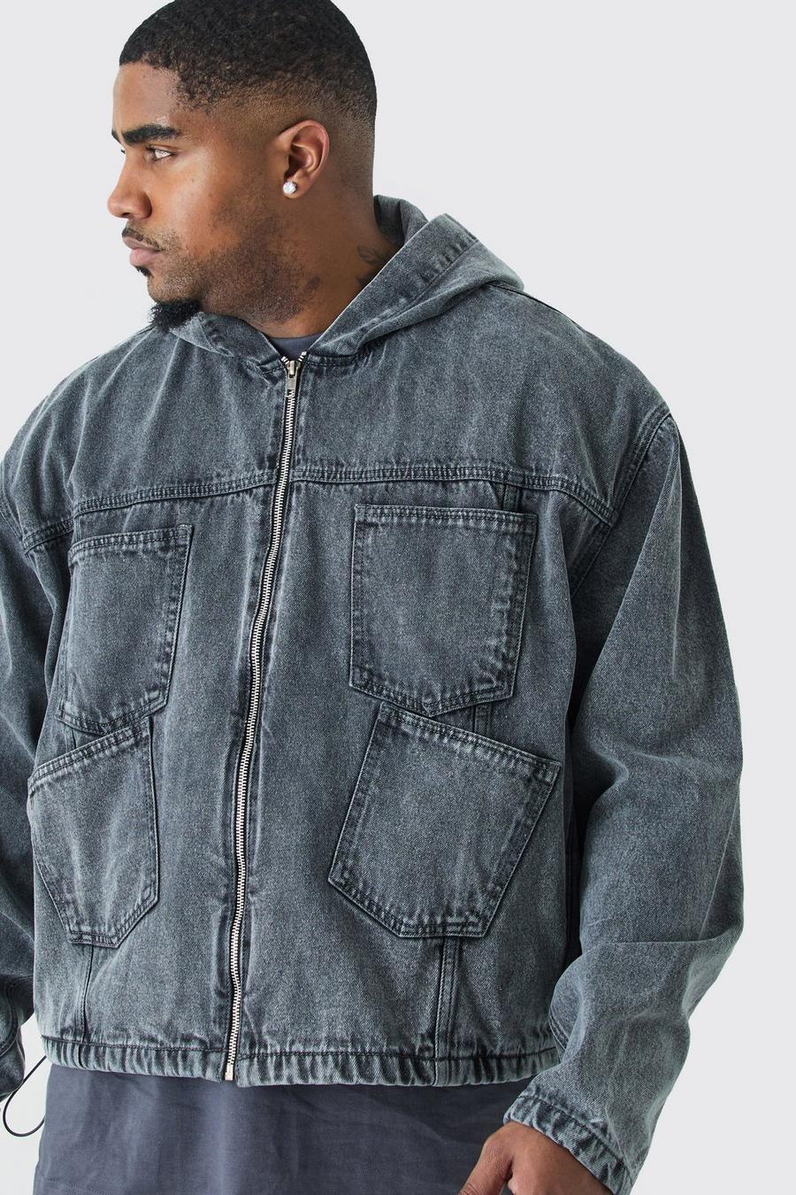 Grande taille - Sweat à capuche en jean délavé à bandes latérales, Charcoal image number 1