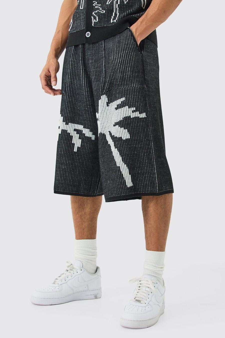 Pantaloni tuta in maglia a coste in jacquard con palme, Black