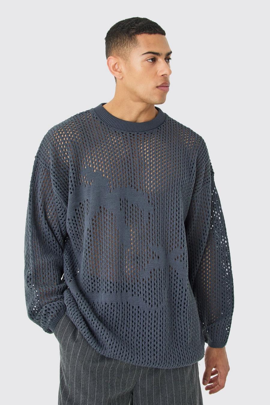 Grey Oversized Open Stitch Palm Knitted Jumper image number 1