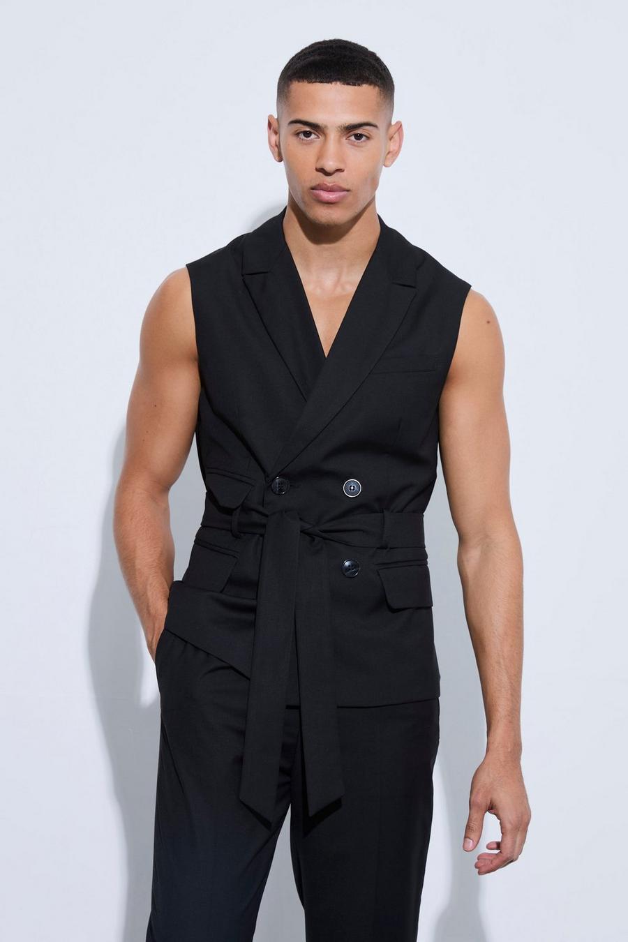 Black Sleeveless Belted Double Breasted Blazer
