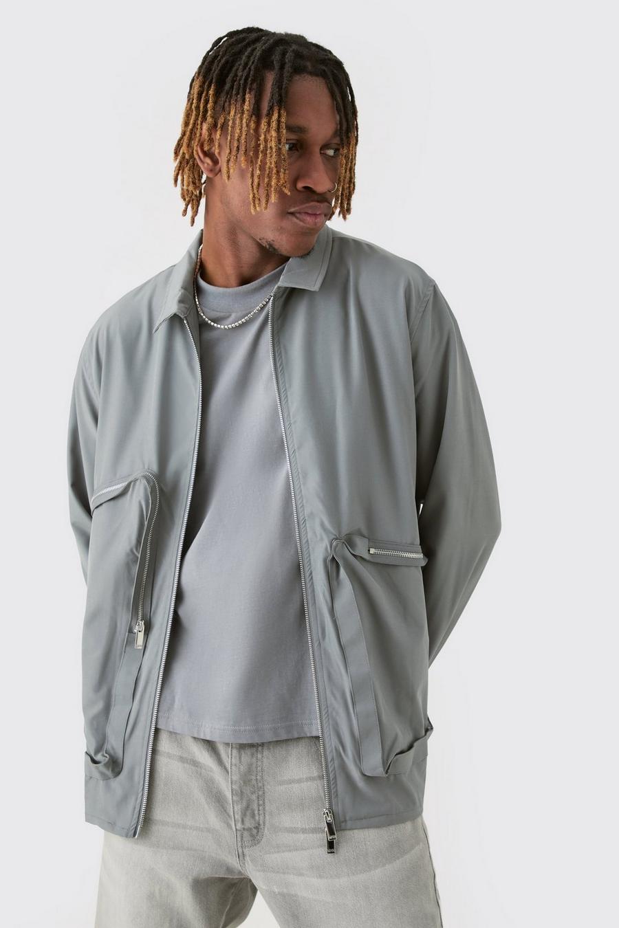 Charcoal Tall Technical Stretch Harrington Asymmetrical Jacket image number 1
