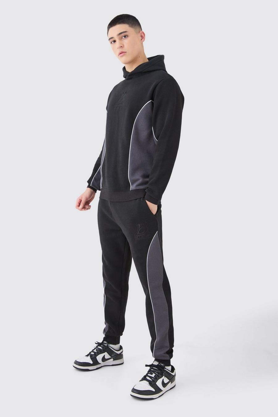 Bestickter Slim-Fit Colorblock Trainingsanzug, Black