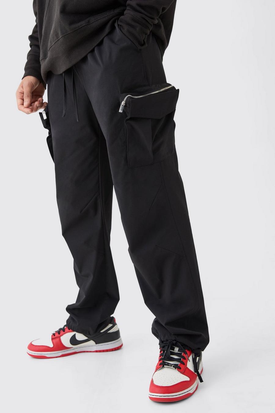 Black Technical Stretch Straight Fit Cargo Trousers image number 1