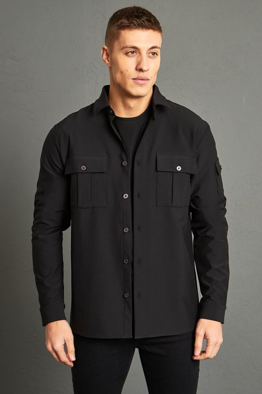 Black Long Sleeve 4 Way Stretch Fit Overshirt image number 1