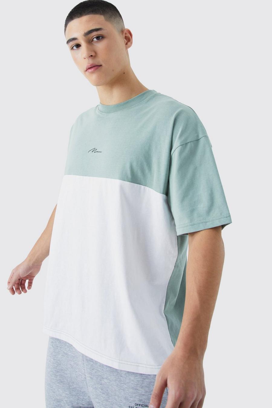 T-shirt oversize a blocchi di colore con firma Man, Sage