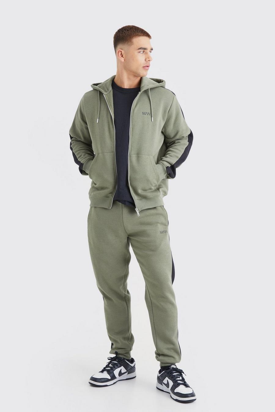 Slim-Fit Original Man Hoodie-Trainingsanzug mit Reißverschluss, Olive