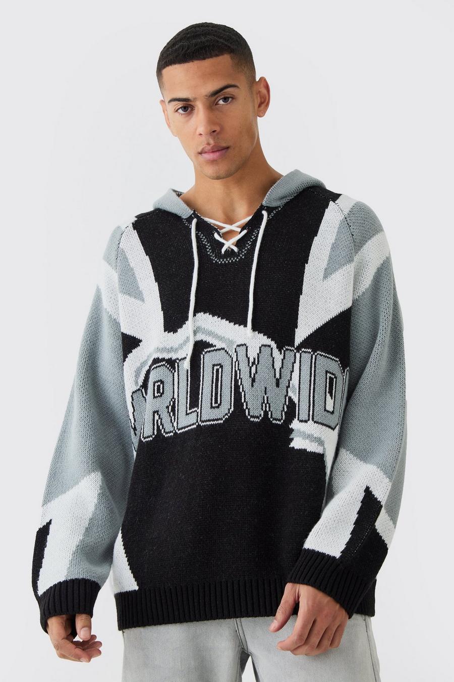 Geschnürter Oversize Hockey-Pullover mit Kapuze, Black