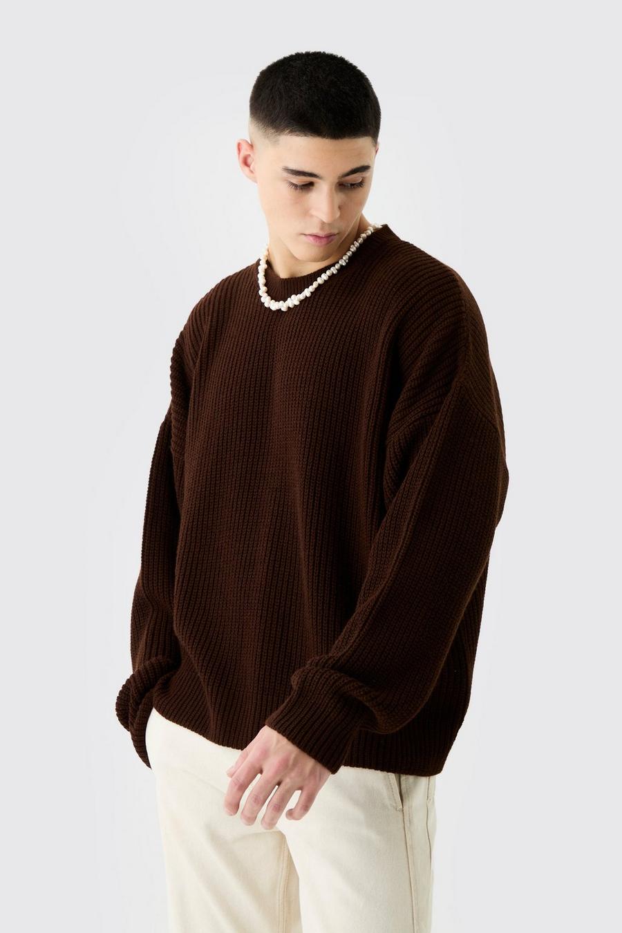 Chocolate Boxy Crew Neck Ribbed Knitted Jumper image number 1