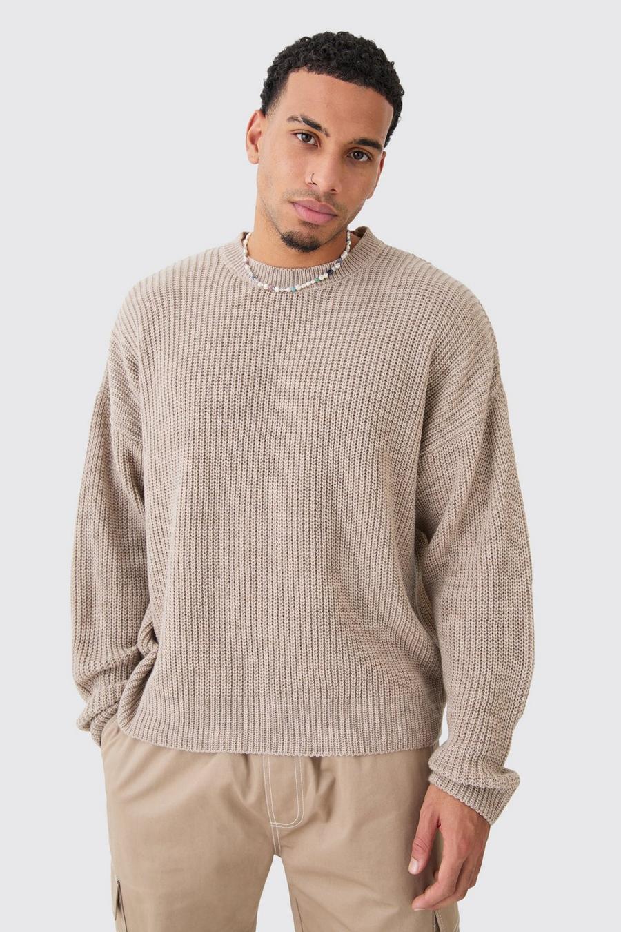Stone Boxy Crew Neck Ribbed Knitted Jumper image number 1