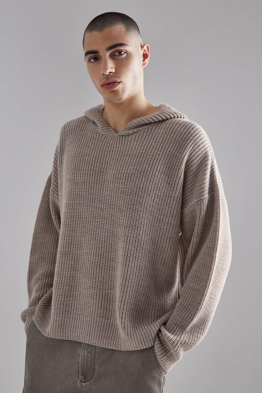 Stone Boxy Knitted Ribbed Hoodie image number 1