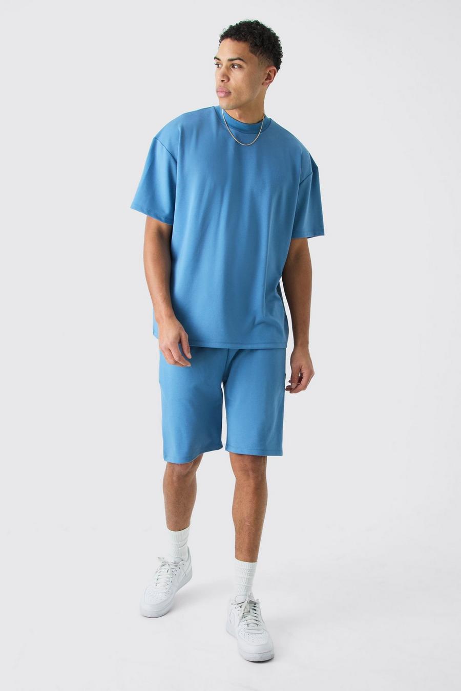 Pantalón corto y camiseta oversize súper gruesa Premium, Slate blue