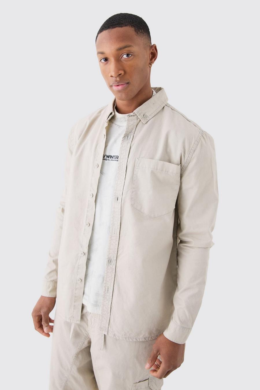 Ecru  Washed Long Sleeve Twill Shirt