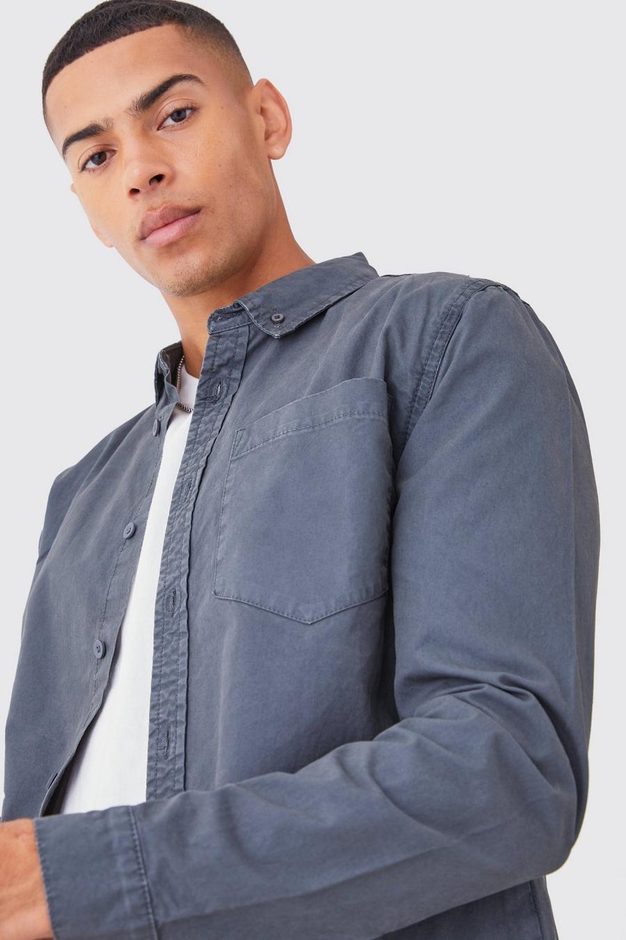 Charcoal  Washed Long Sleeve Twill Shirt