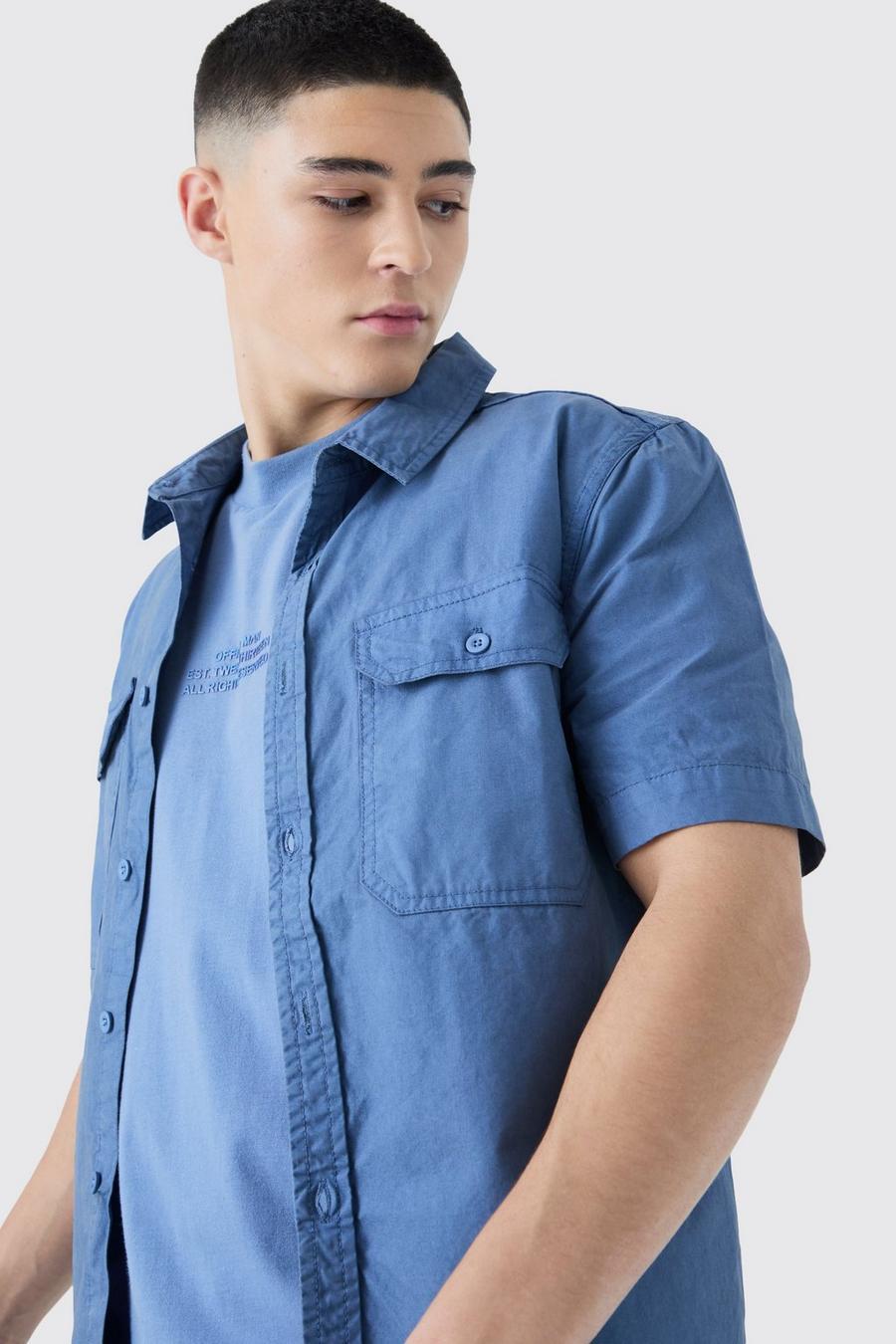 Camisa de sarga de manga corta desteñida, Slate blue