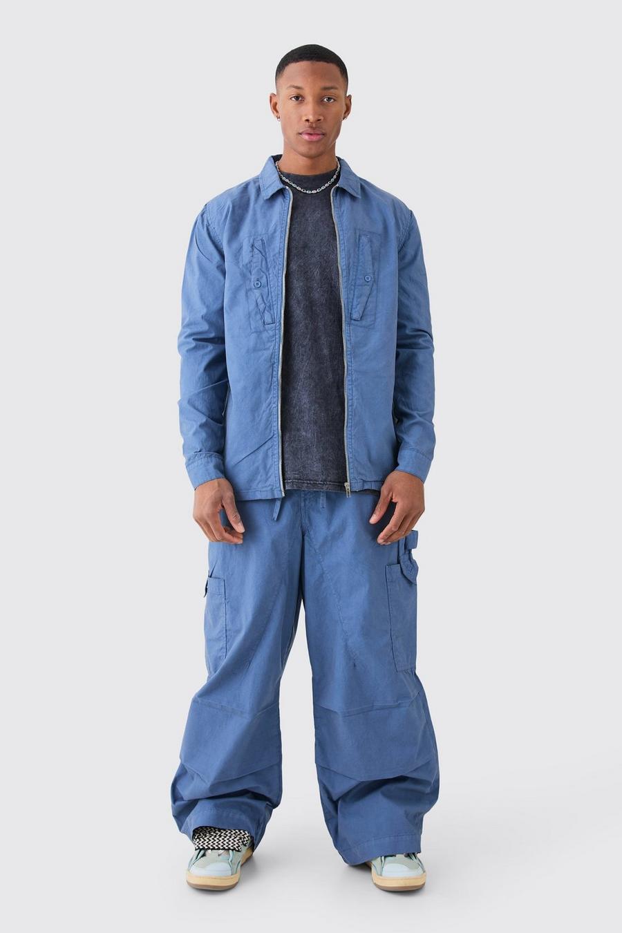 Slate blue Zip Through Washed Long Sleeve Twill Shirt
