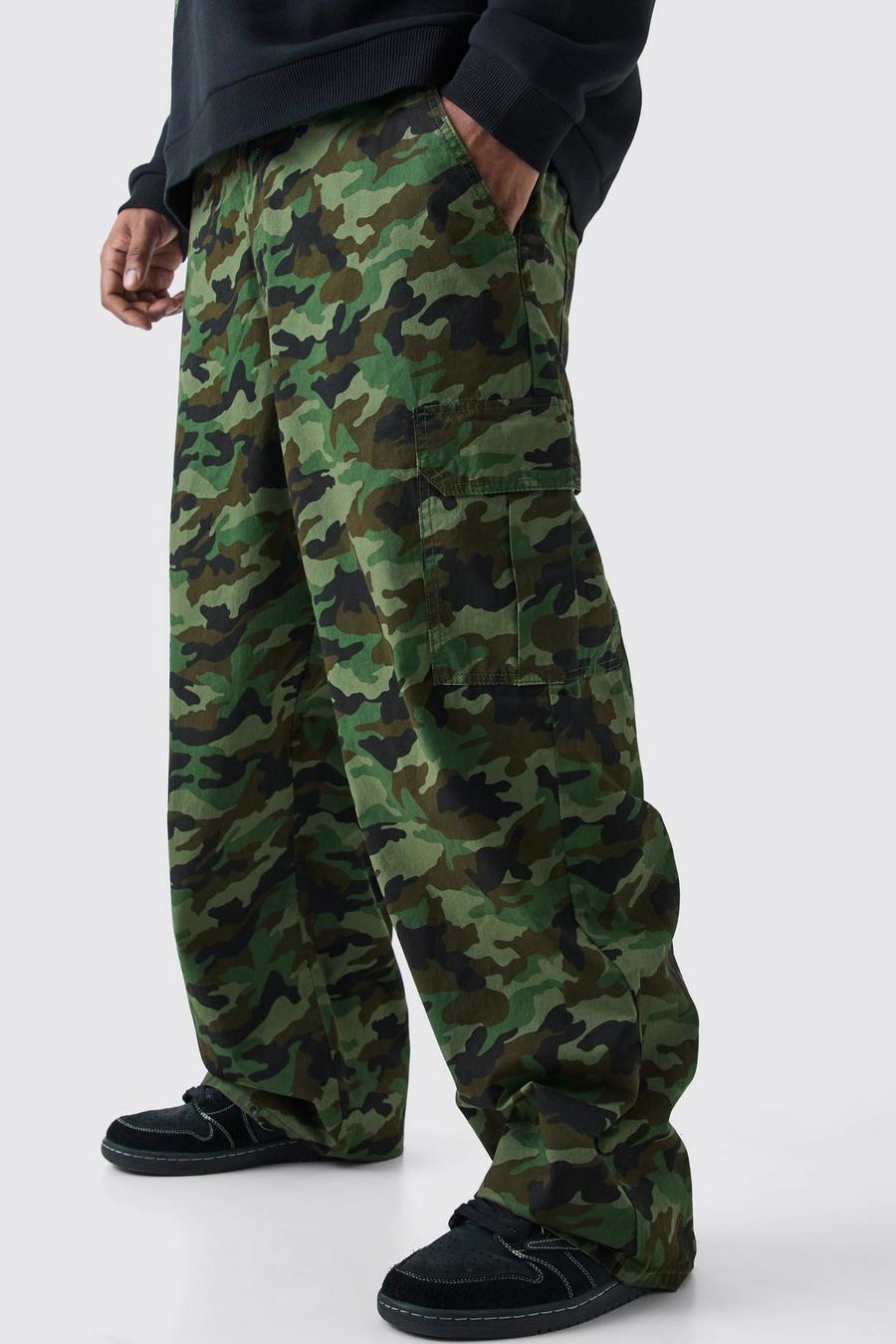Pantaloni Cargo Plus Size rilassati in twill in fantasia militare con vita fissa, Multi