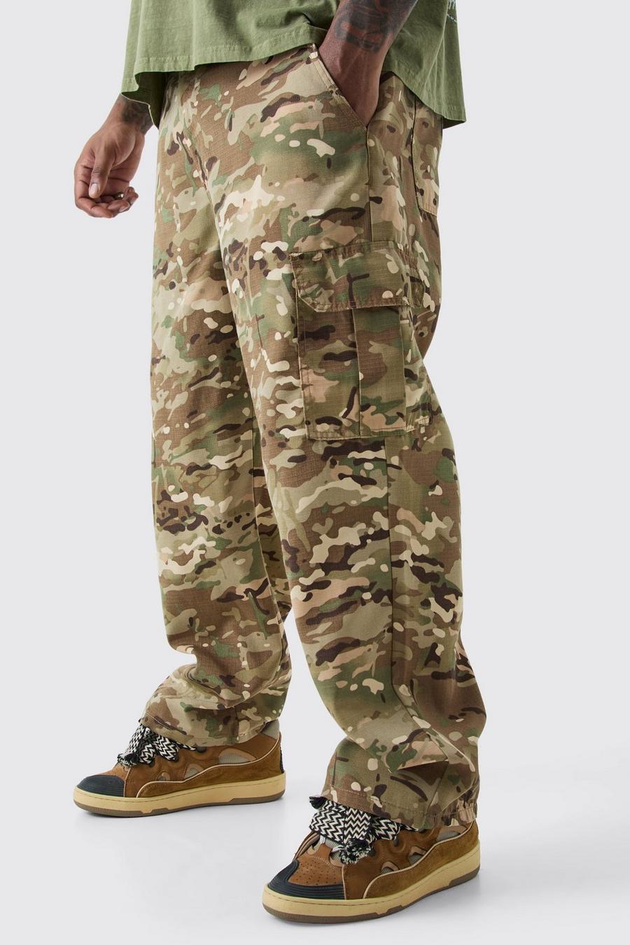 Pantaloni Cargo Plus Size rilassati in twill in fantasia militare con vita fissa, Multi