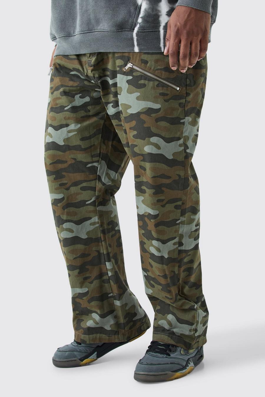 Pantaloni Plus Size dritti in twill in fantasia militare con inserti e zip a vita fissa, Multi