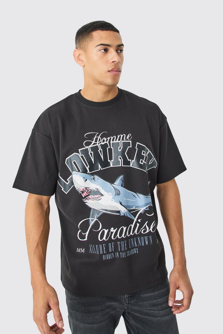 T-shirt oversize Interlock Paradise con squalo, Black