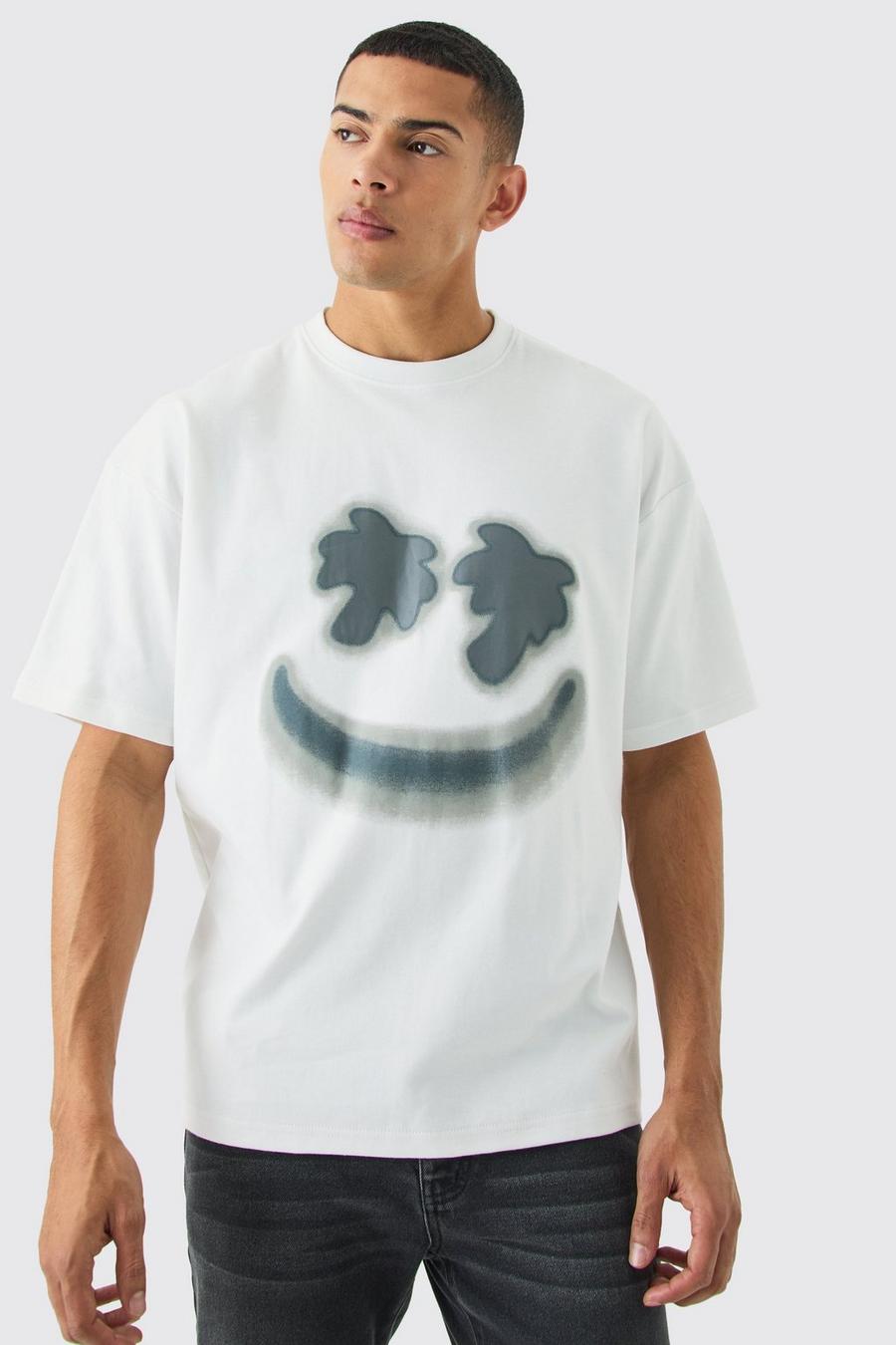 Camiseta oversize con estampado tropical de interlock y estampado de Smiley, White