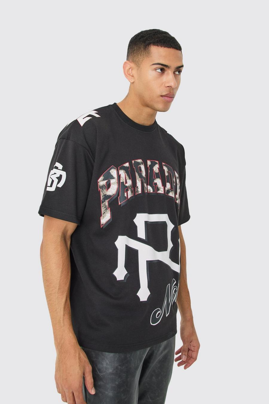 Camiseta oversize con estampado tropical oscuro, Black
