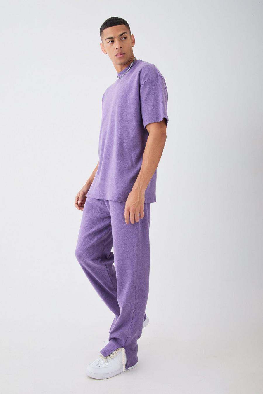 Purple Geborsteld Geribbeld Ottoman T-Shirt En Joggingbroek Met Split Set