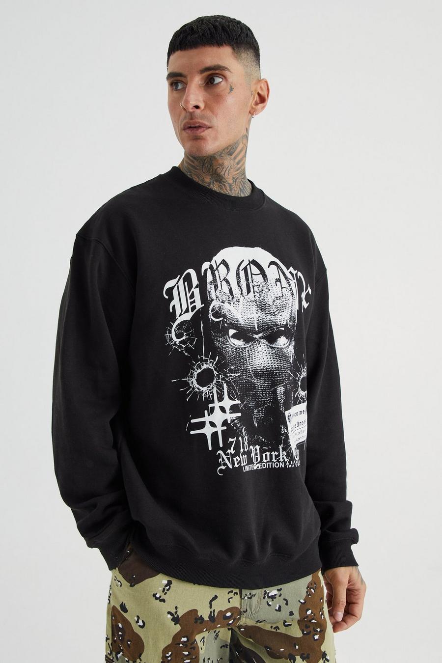Black Tall Oversized Bronx Graphic Extended Neck Sweatshirt