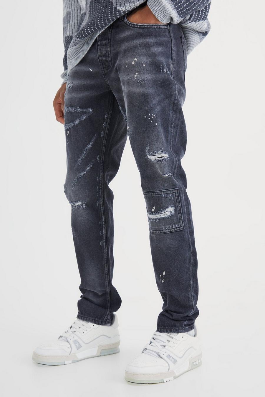 Jeans Slim Fit in denim rigido nero con strappi e dettagli dipinti all over, Washed black