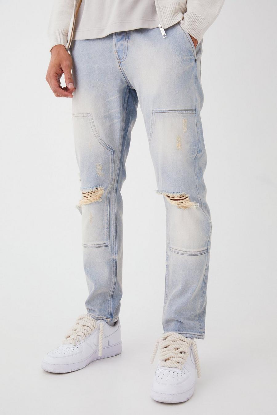 Jeans Slim Fit in denim rigido stile Carpenter con strappi, Antique blue image number 1