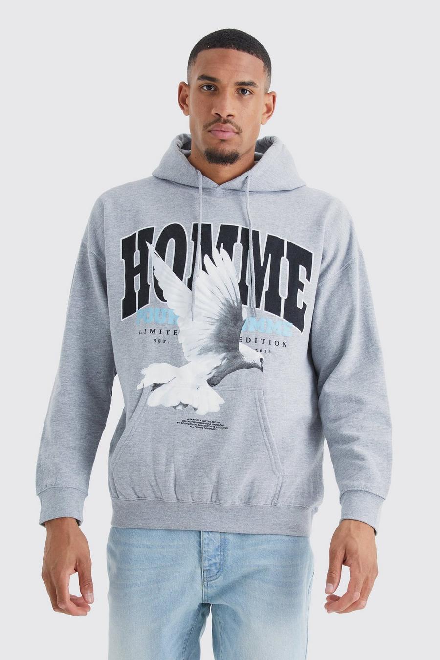 Grey marl Tall Oversized Homme Dove Print Graphic Hoodie image number 1