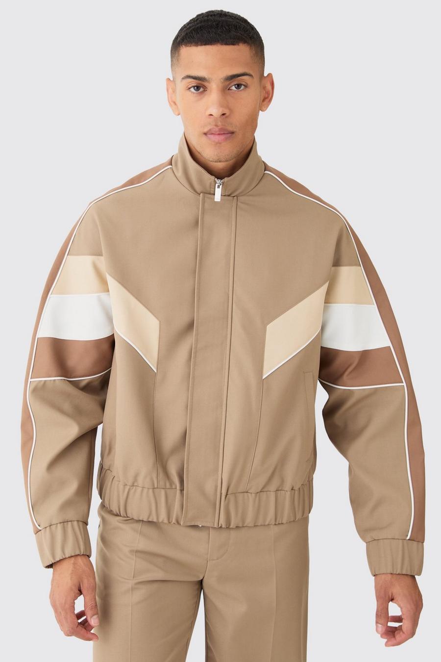 Taupe Colour Block Relaxed Fit Tailored Track Jacket