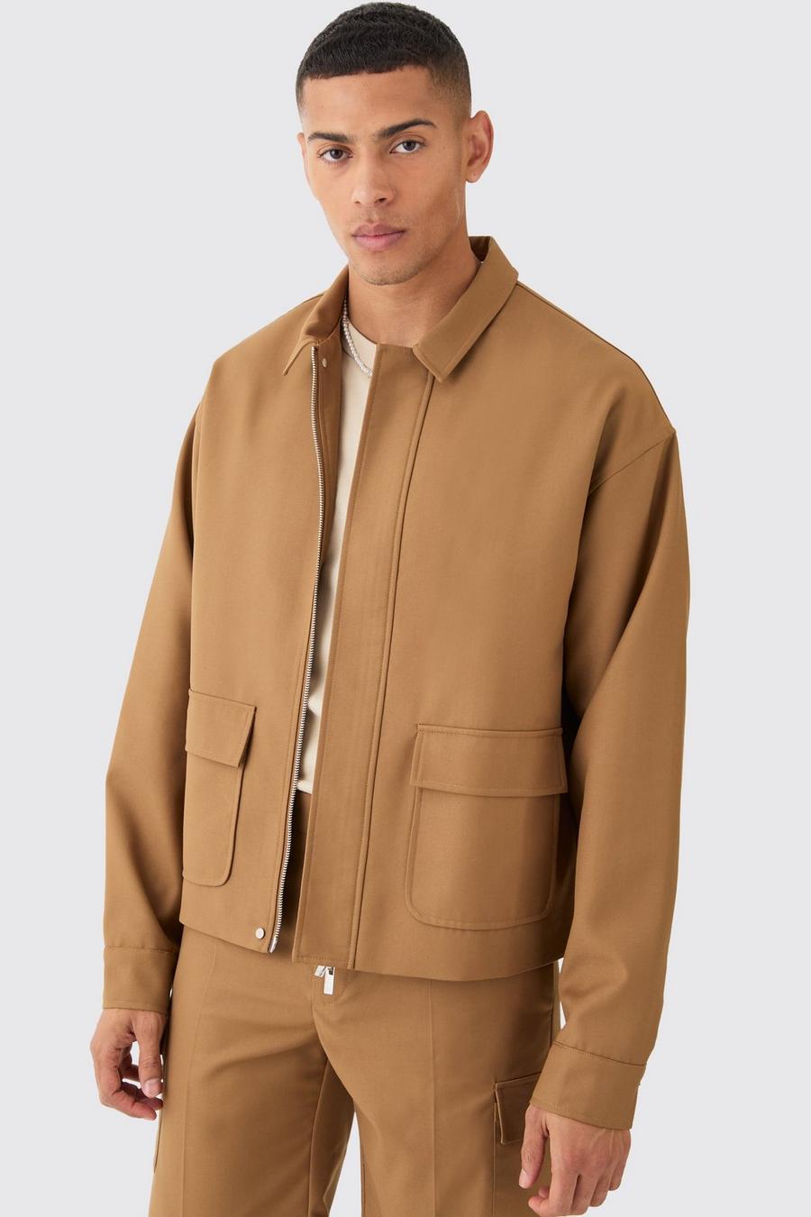 Mocha Tailored Regular Fit Pocket Front Zip Up Harrington Jacket