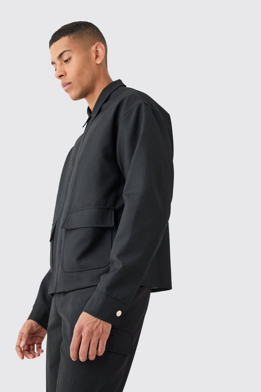 Black Tailored Regular Fit Pocket Front Zip Up Harrington Jacket image number 1